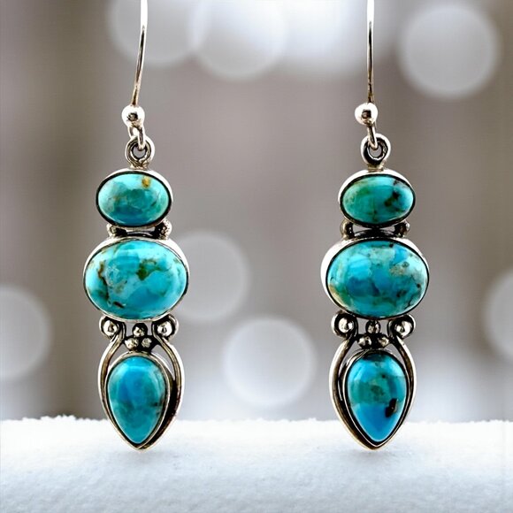 Vintage Sterling Silver Turquoise Dangle Earrings – Modernist 3-Stone Design - Picture 11 of 11